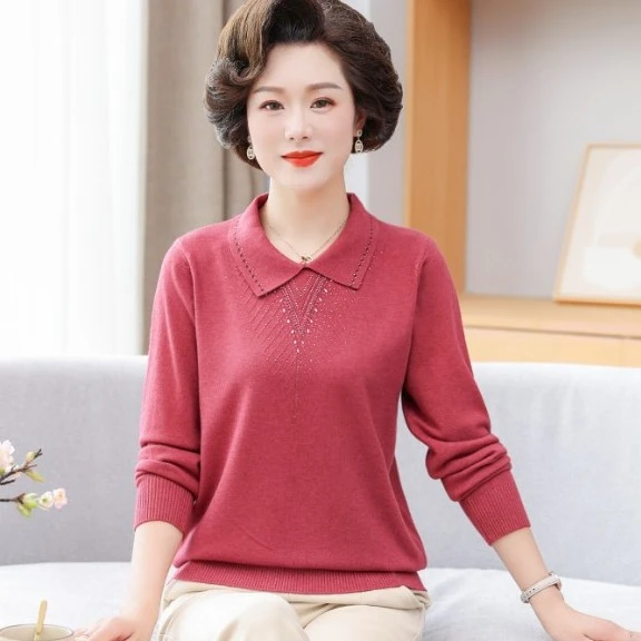2022秋装新款中年妈妈装针织衫上衣中老年女装薄毛衣翻领打底小衫