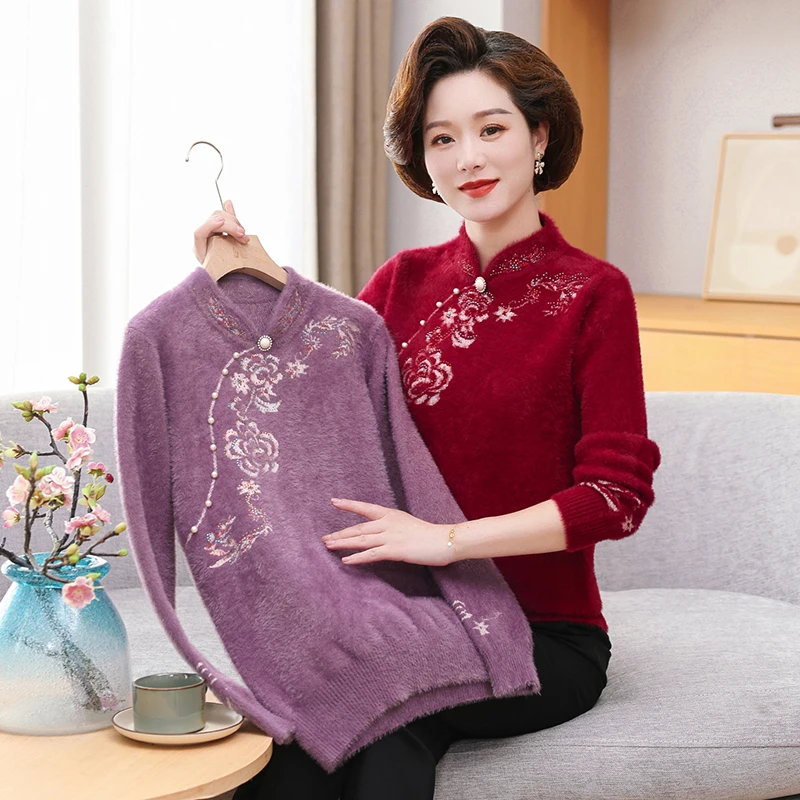 妈妈秋冬装半高领水貂绒毛衣50岁中老年女厚款保暖上衣针织打底衫