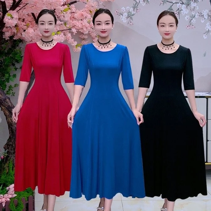 604中袖气质百搭长款大摆裙大码显瘦高贵连衣裙