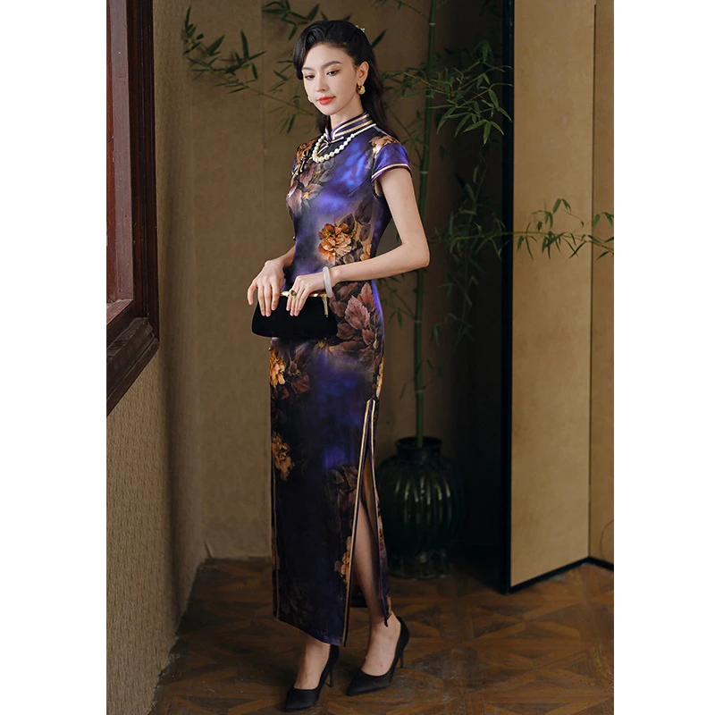 唐之恋秋季桑蚕丝紫色旗袍喜婆婆高档婚礼服妈妈婚宴礼服2024服装