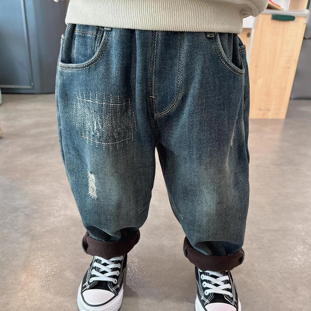 男童牛仔裤秋冬款2024新款儿童休闲百搭直筒长裤宝宝时尚加绒裤子