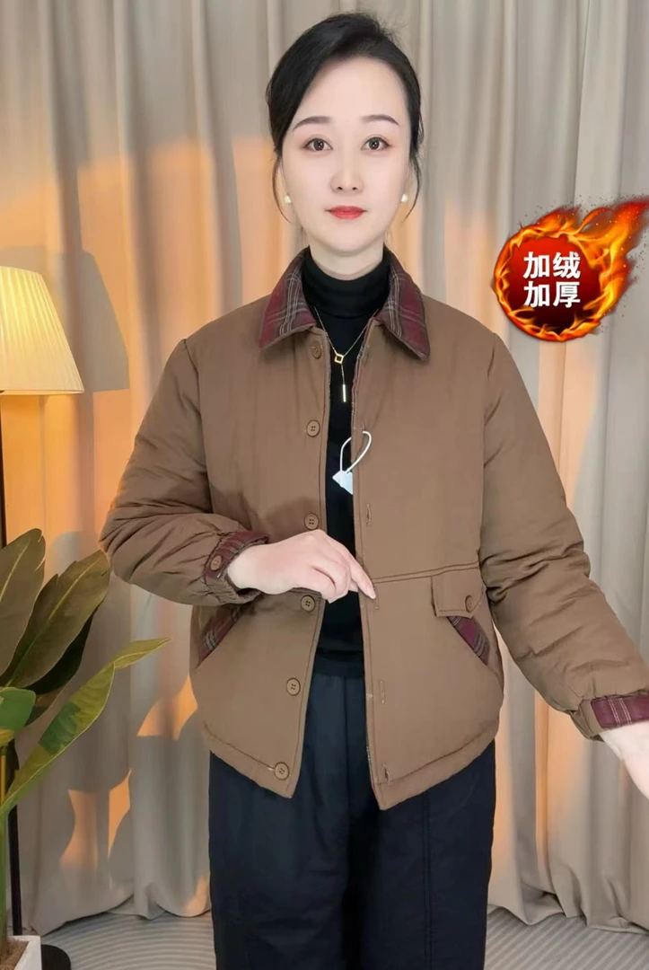 冬季纯色拼接加绒加厚时尚减龄外套显瘦减龄女士上衣保暖百搭
