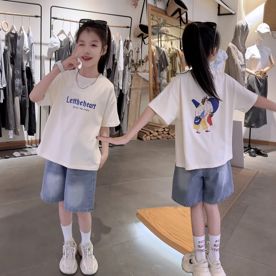 女童夏季休闲阔腿宽松儿童节孩牛仔外穿夏装女大童洋气五分裤套装