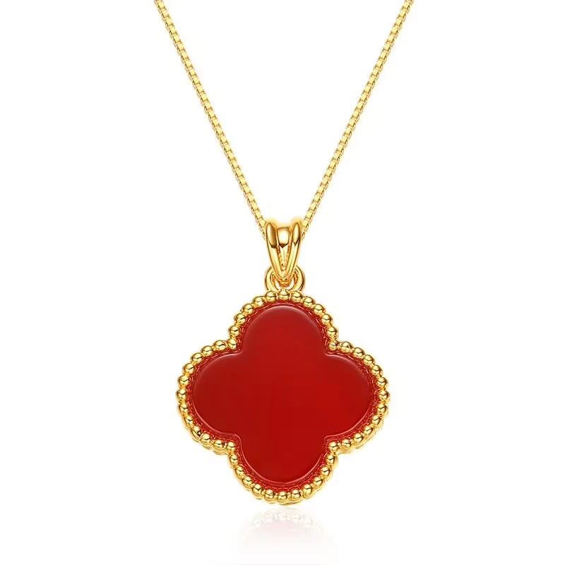 足金999四叶草吊坠镶红色玛瑙赠银链有证书带钢印