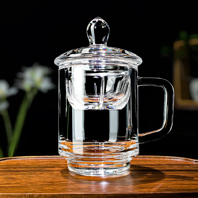 东海原矿水晶杯飘逸茶杯带盖茶漏把手杯高端水杯老板杯子