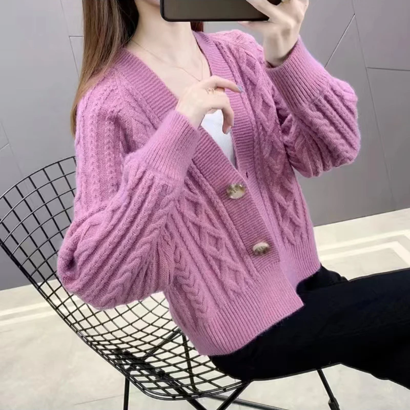 小个子新款韩版洋气显瘦短版麻花v领女外搭开衫-8