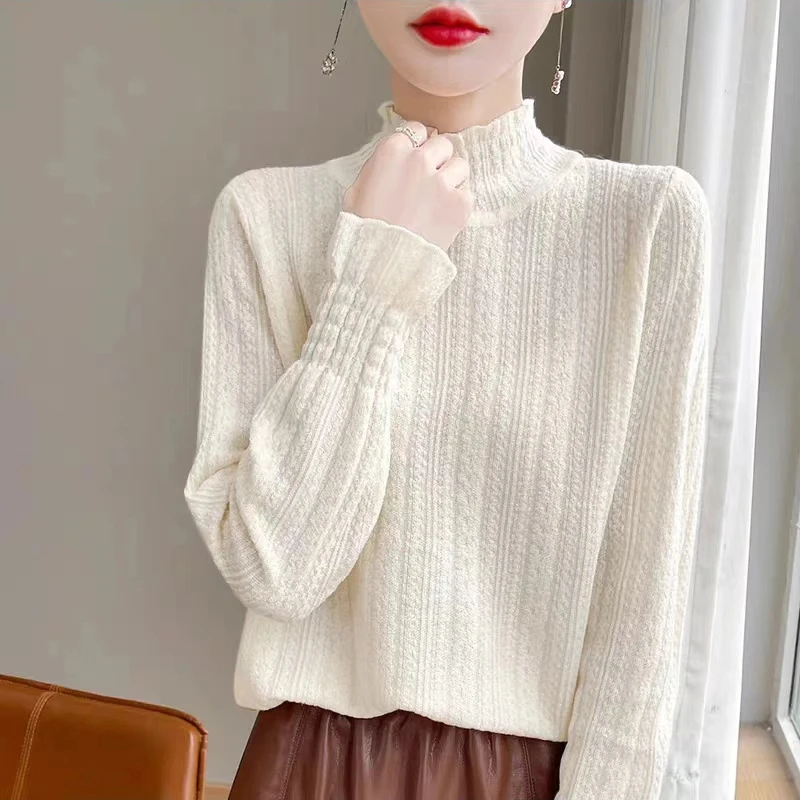 2024年新款时尚半高领长袖打底衫钩花显瘦上衣