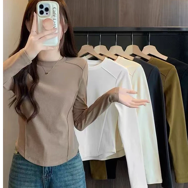 鱼骨线 圆领 双面德绒 修身打底衫春秋冬长袖高品质法式3010#