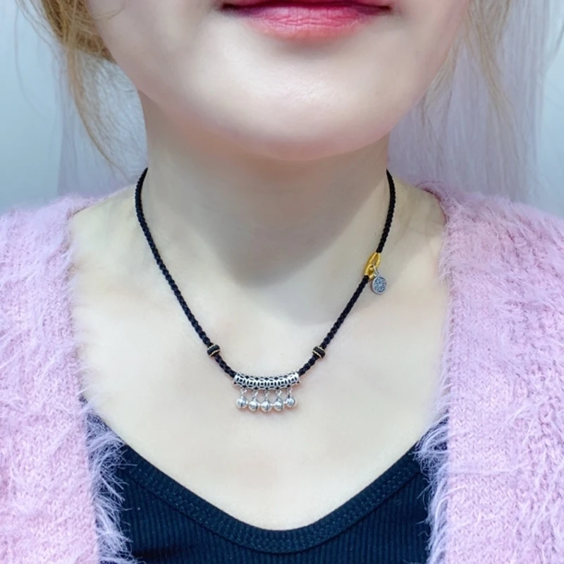 吊坠925银 纯银钱币弯管铃铛项链锁骨链复古弯管女黑绳编织礼物