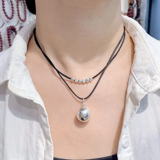 坠链均925银 S925纯银双层个性时尚颈链项圈饰品黑绳锁骨链颈带