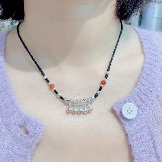 吊坠925银 纯银钱币铃铛弯管女项链手工黑绳锁骨链闺蜜生日礼物