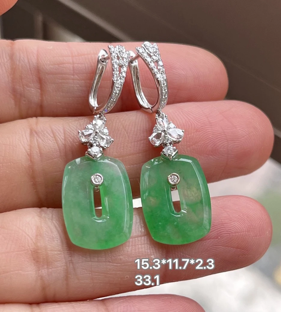 缅甸翡翠A货冰种绿方糖耳坠耳饰冰绿女款