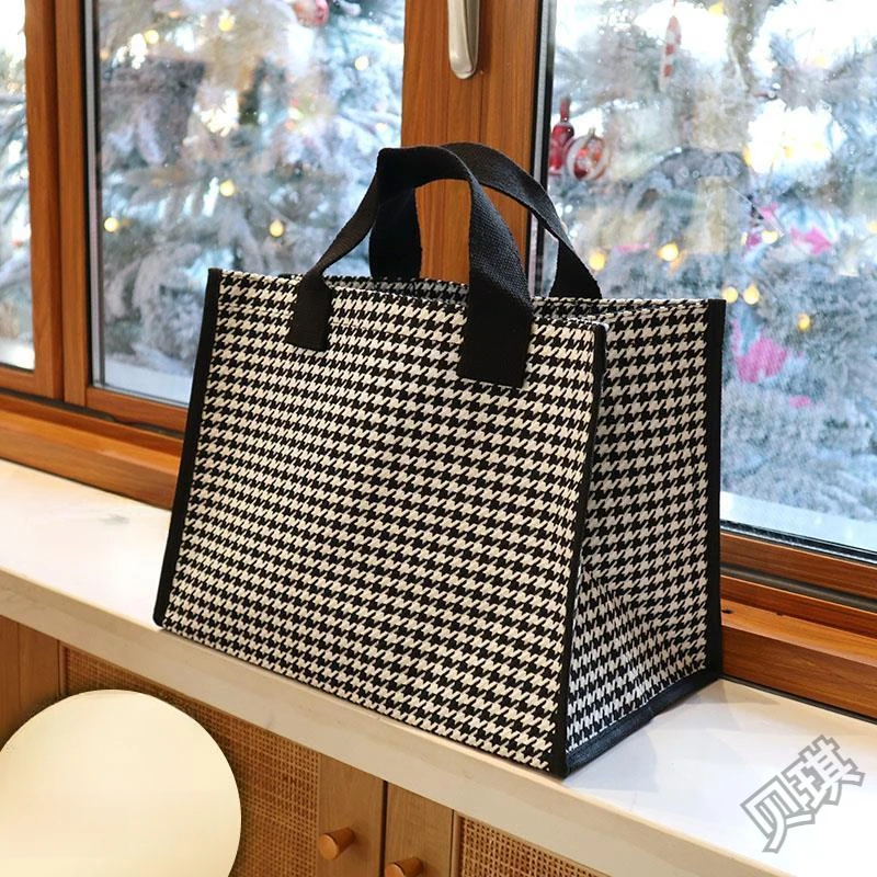 千鸟格欧美时尚格子帆布包防水手提包购物袋敞口托特包女包D392