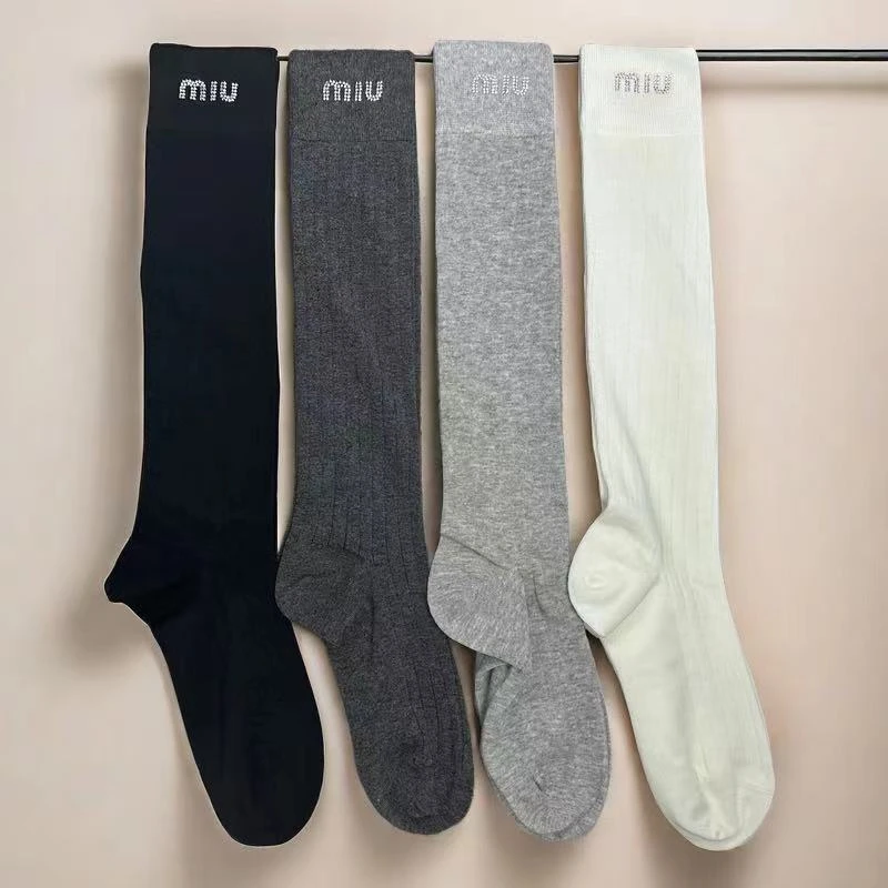 夏秋薄款小腿袜 网ins潮烫钻字母小腿袜 显瘦竖条长筒堆堆棉袜