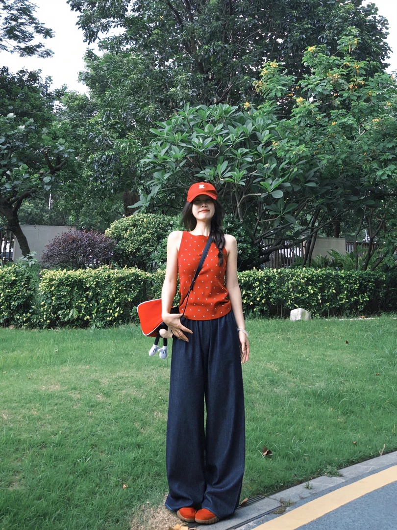 法式红色无袖薄款波点背心上衣女夏外穿高腰宽松垂感休闲长裤