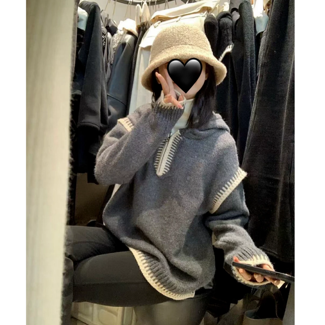 简约复古慵懒随意设计感重工撞色连帽毛衣 加厚修身喇叭休闲裤