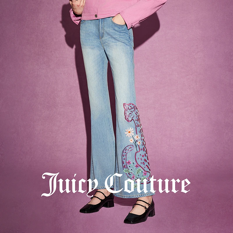 JUICYCOUTURE橘滋豹子小姐重工图案珠片刺绣喇叭女式牛仔裤