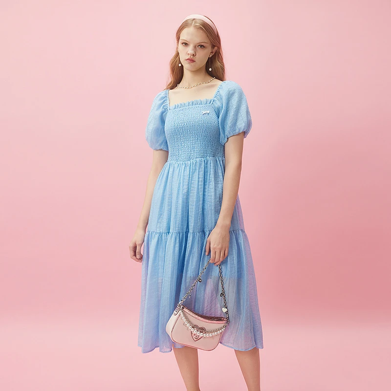 JUICYCOUTURE橘滋美梦成真Logo金属牌泡泡袖方领连衣裙