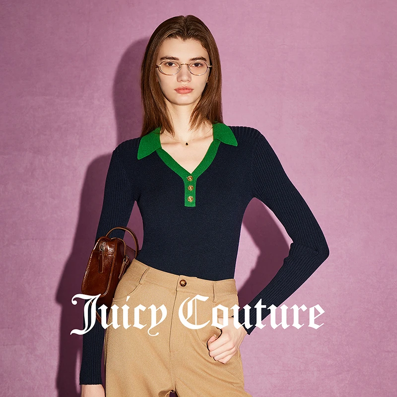 JUICYCOUTURE橘滋危险诱惑LOGO纽扣撞色翻领女式针织毛衣