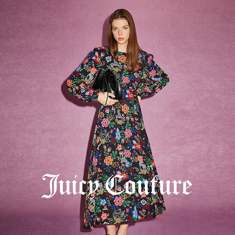 JUICYCOUTURE橘滋奇幻曳地女士印花复古长袖时尚显瘦气质连衣裙
