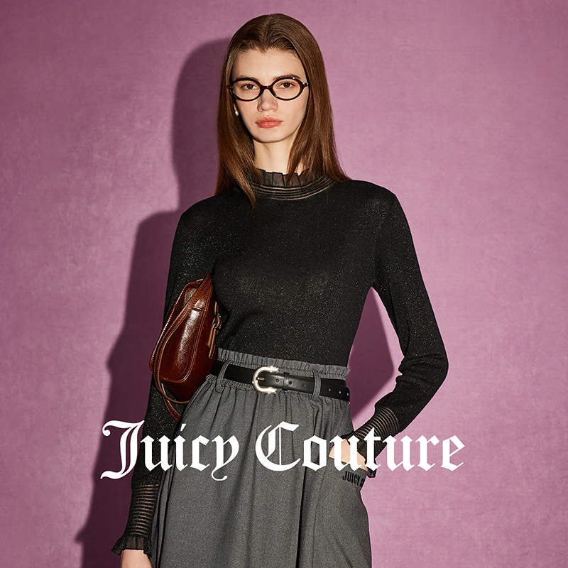 JUICYCOUTURE橘滋黑色探戈logo烫钻金丝荷叶领百搭长袖女式毛衣