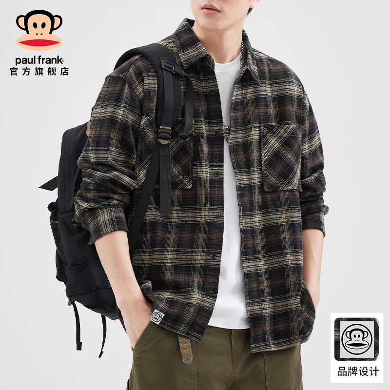 PaulFrank/大嘴猴新款高品质纯棉格子潮牌衬衫男秋季美式复古外套