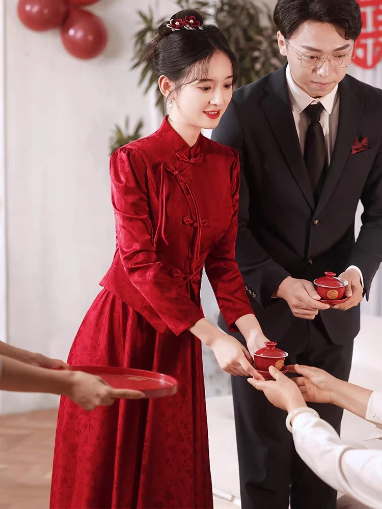 中式敬酒服2024新款秋冬冬季长袖回门服红色订婚礼服女旗袍秀禾服