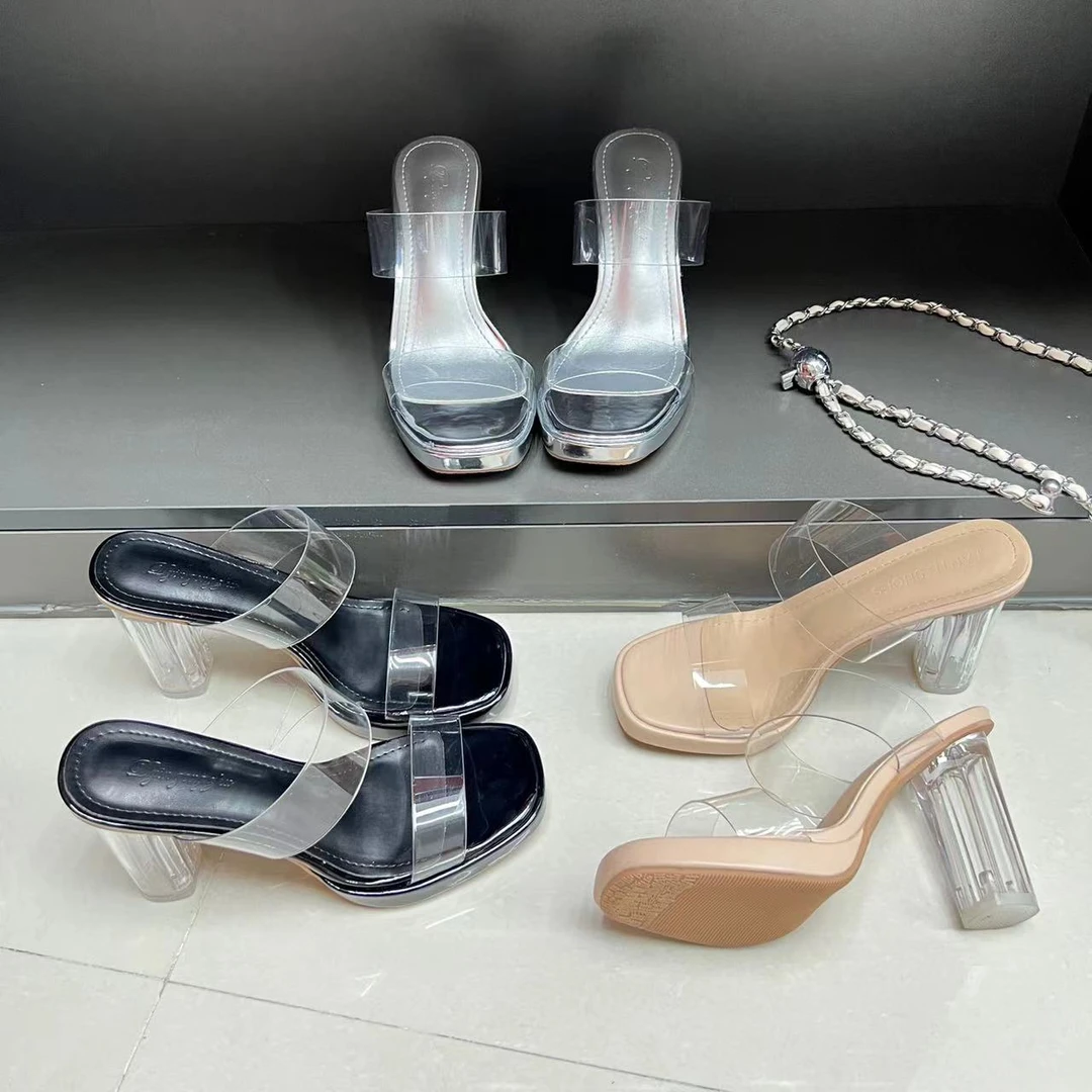 2024防水台透明高跟凉鞋女一字防水台水晶跟粗跟仙女风凉拖鞋外穿