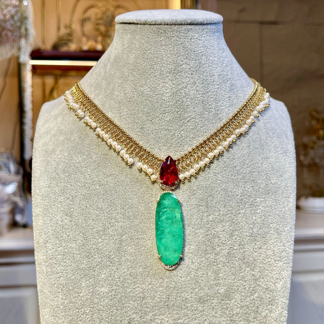 铜合金玻璃项链 【03075】瑾瑟印巴项链气质轻奢绿色镶嵌金色紫色