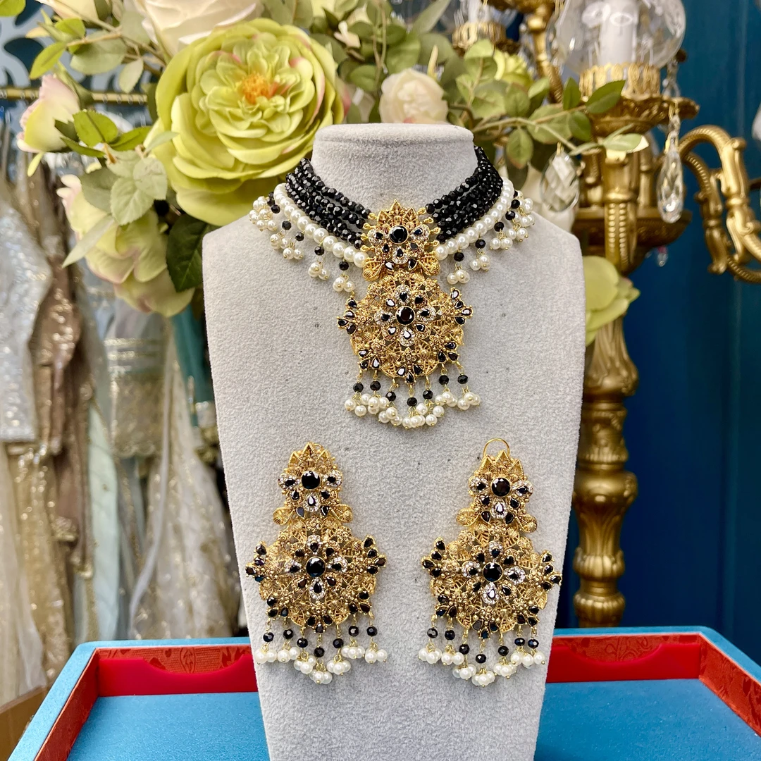 铜合金玻璃项链 04284黑印度春夏项链套装印巴黑色纯手工25010