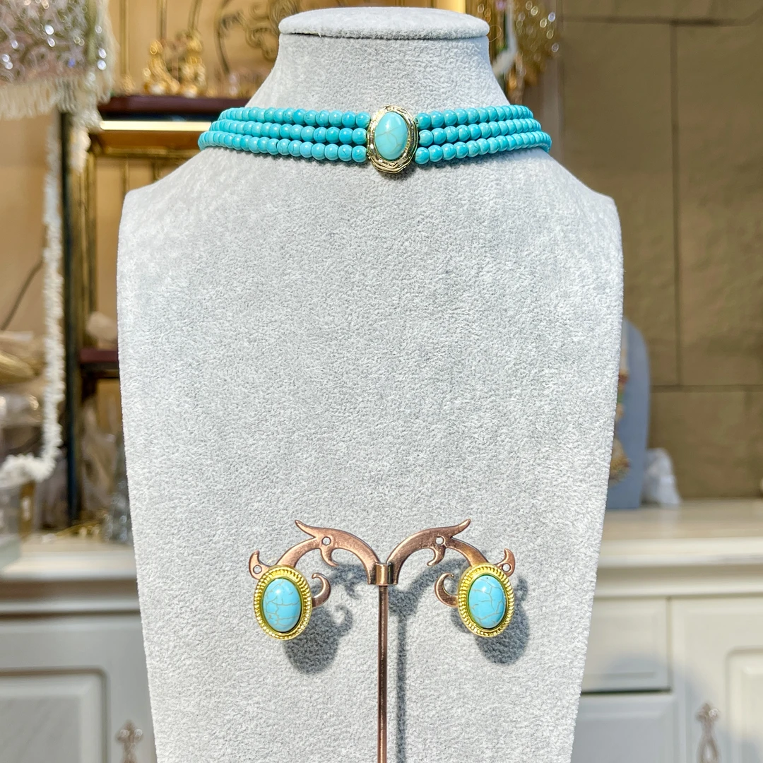 铜合金玻璃项链 【03113套装】瑾瑟印巴套装气质蓝色轻奢复古镶嵌