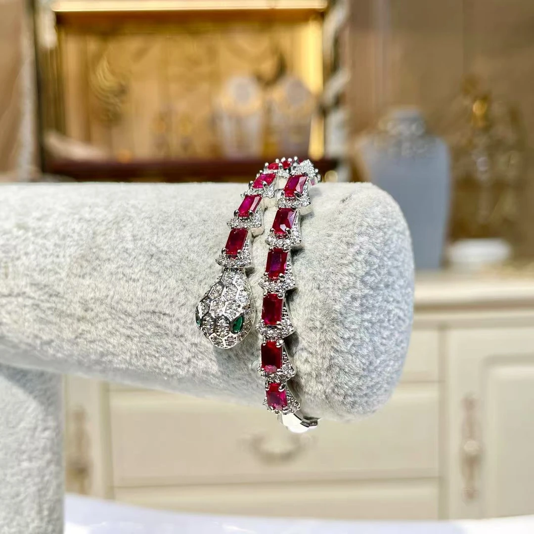 铜合金玻璃手镯 【02438】瑾瑟时尚手镯轻奢气质红色镶嵌奢华彩色