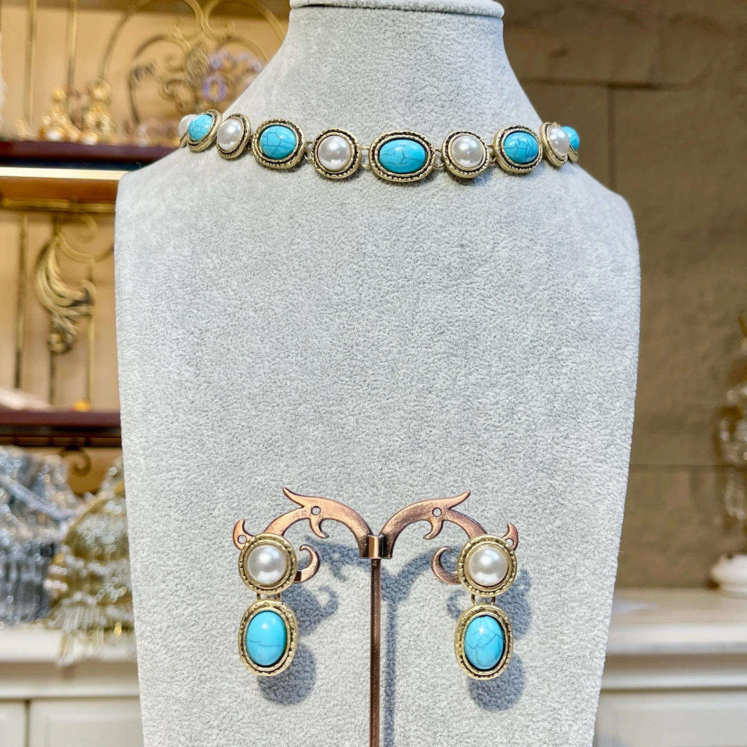 铜合金玻璃项链 【04347】瑾瑟印巴项链套装气质蓝色复古古风精致