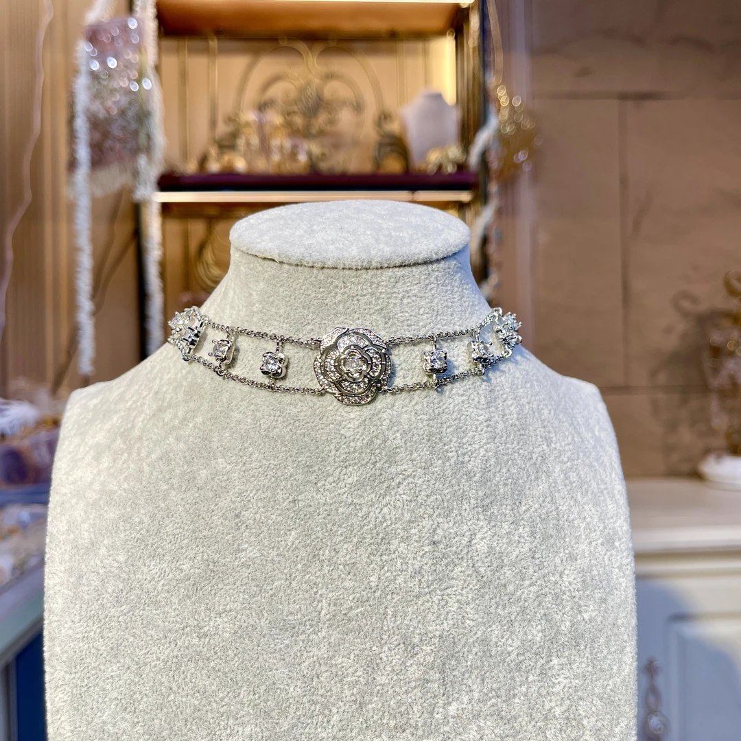 铜合金玻璃项链 【24151短项链】瑾瑟时尚项链手工气质银色轻奢精致