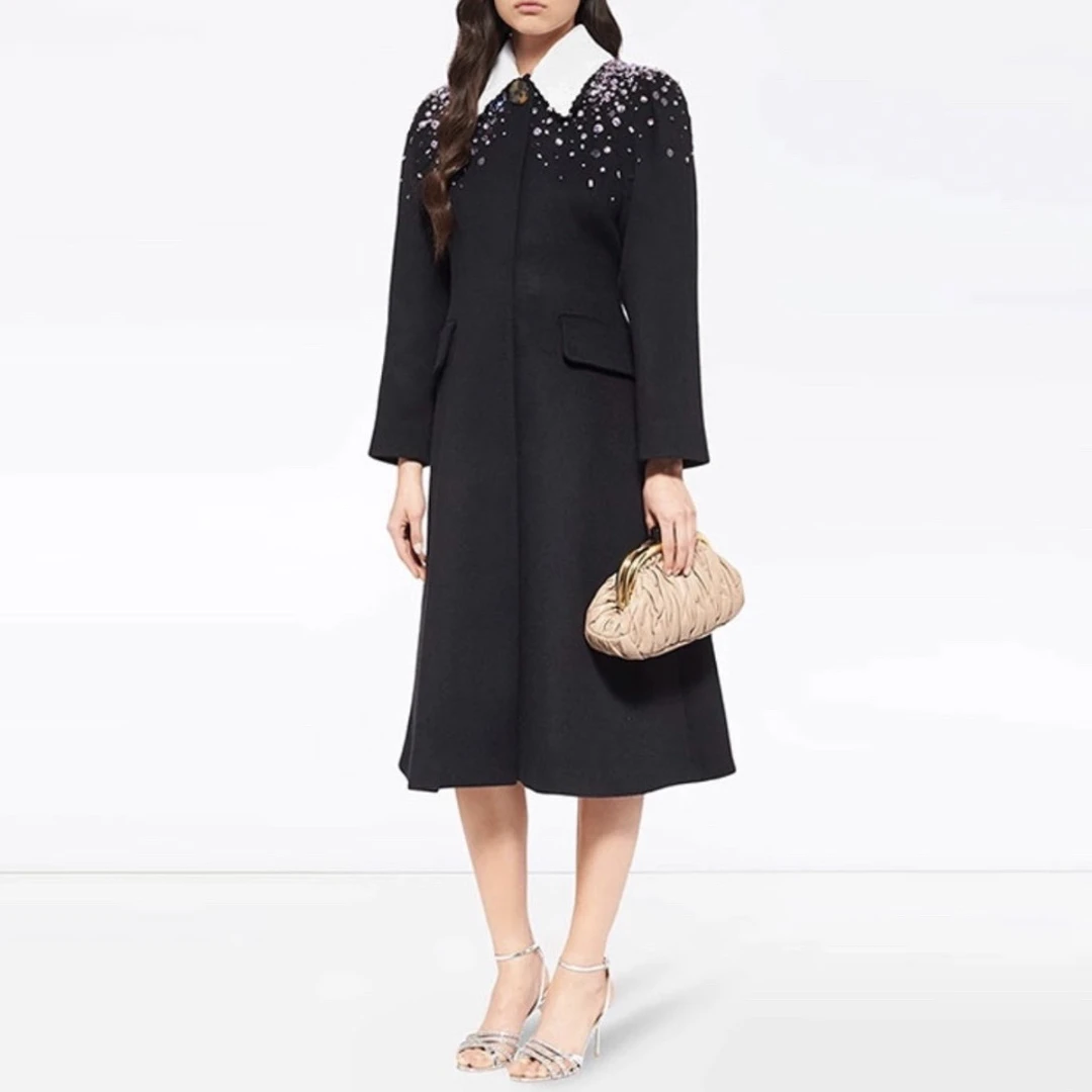 带吊牌未使用 MIU MIU 缪缪 宝石镶嵌A字形黑色大衣 36码 00727