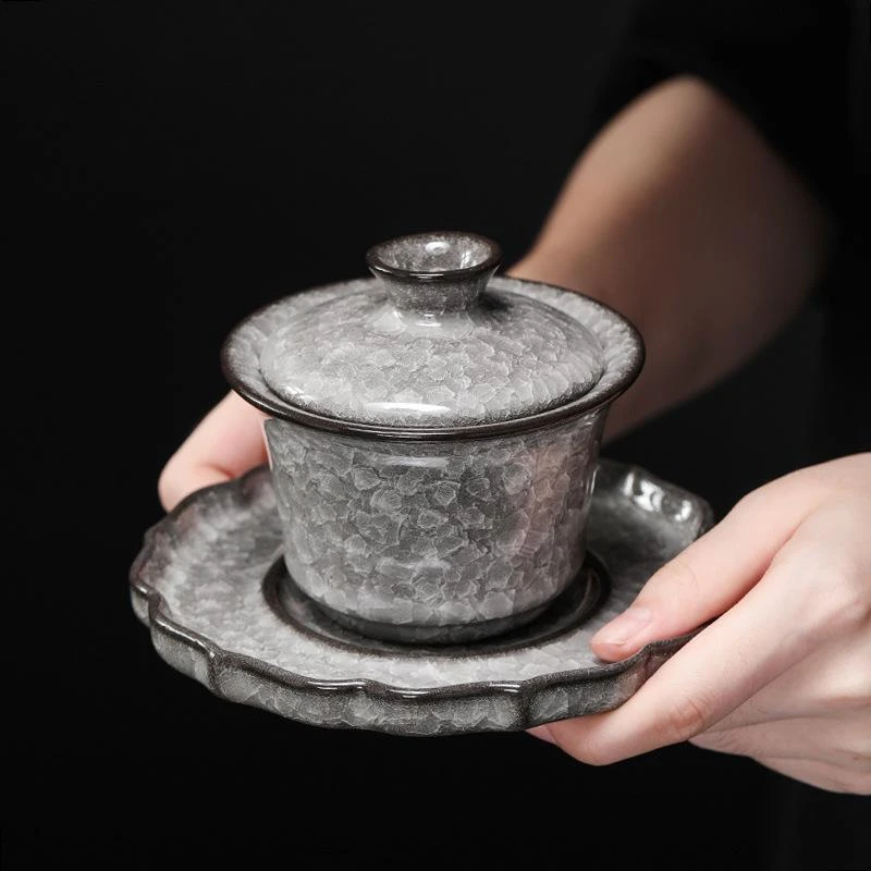 黑冰冰花陶瓷马蹄三才盖碗冰花敬茶碗主人杯公道杯过滤器功夫茶具