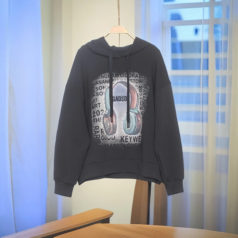 连帽卫衣时尚印花显瘦大码宽松减龄休闲舒适2024新款爆款棉质上衣