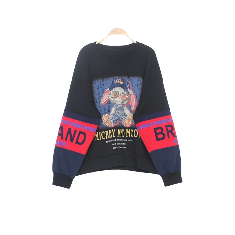 圆领卫衣大码显瘦长袖拼接时尚卡通字母印花休闲百搭宽松减龄上衣