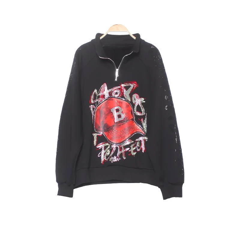 时尚卫衣大码显瘦宽松减龄重工烫钻休闲百搭加绒加厚拉链领上衣潮