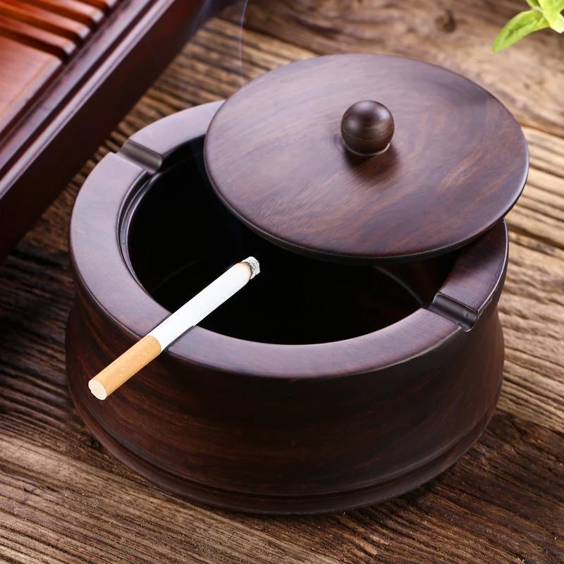 黑檀实木加高烟灰缸带盖家用大号创意个性潮流防飞灰木质方便中式