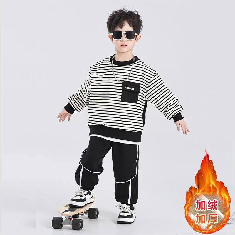 现货清仓.加绒儿童休闲洋气条纹套装男女童保暖卫衣卫裤两件套