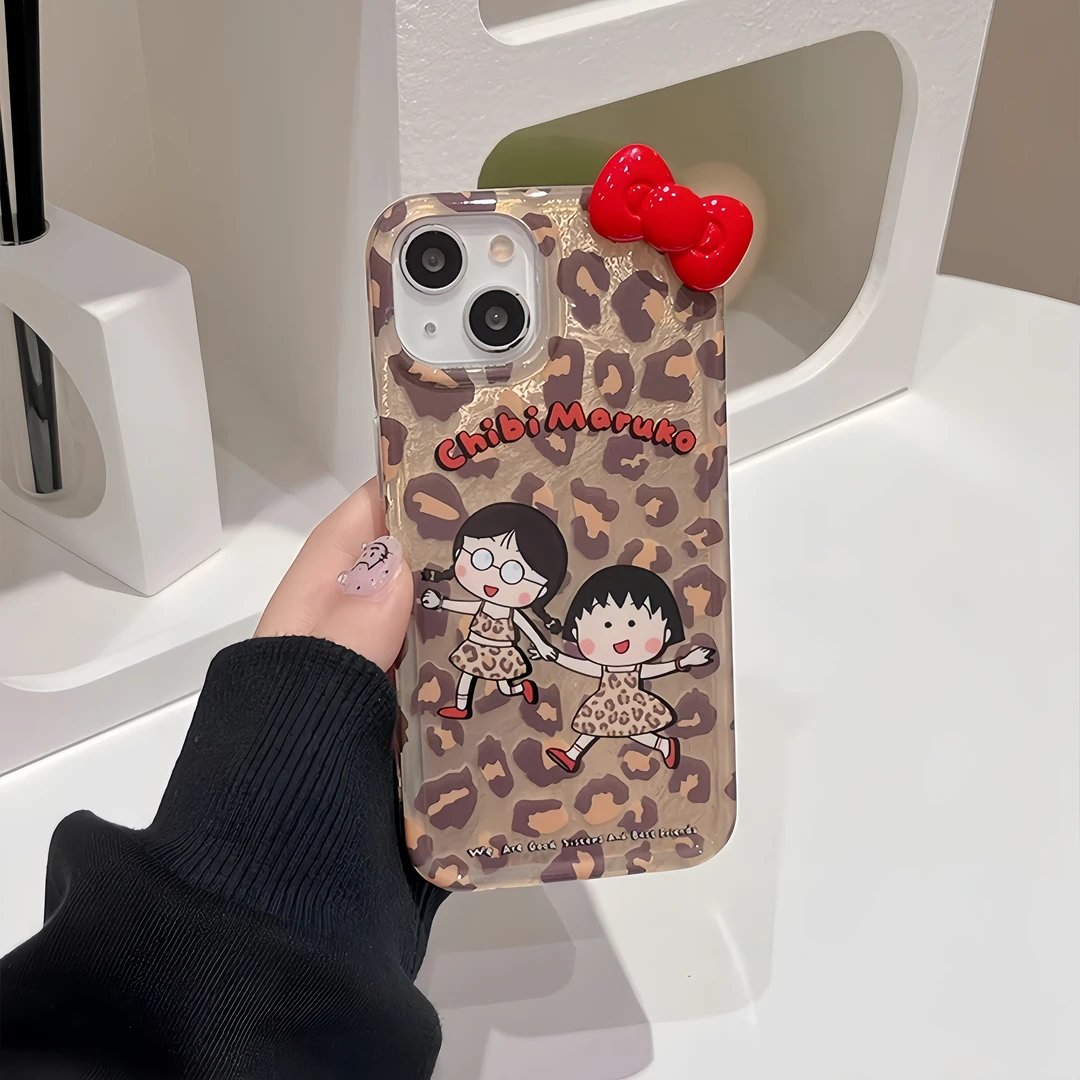 简约创意豹纹卡通女孩蝴蝶结适用苹果15promax手机壳新款13防摔14