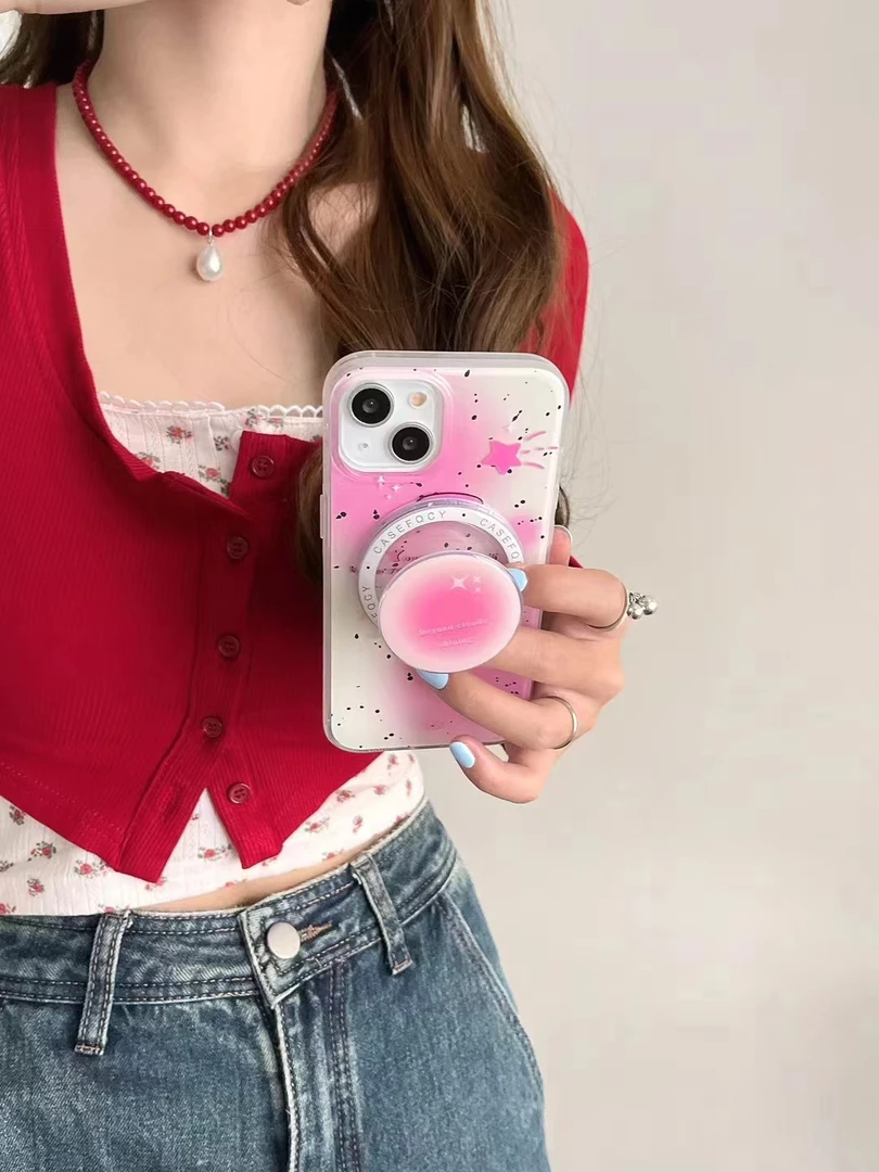 ins粉色晕染星星适用苹果15promax 磁吸手机壳简约新款创意14全包