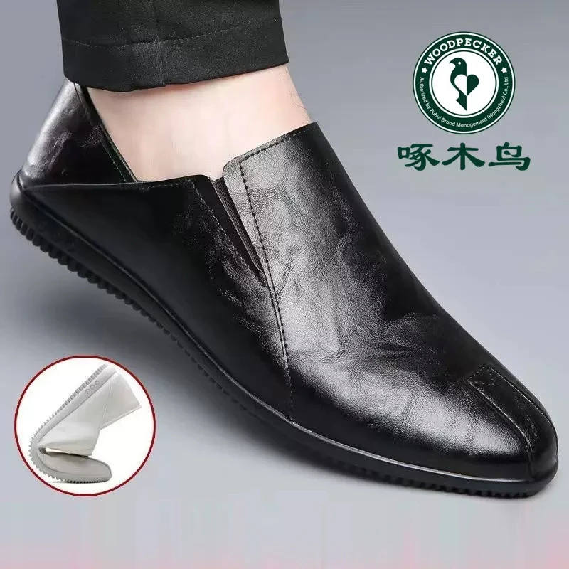 啄木鸟男鞋新款软底皮鞋男士2024商务休闲豆豆鞋潮流百搭小白鞋子