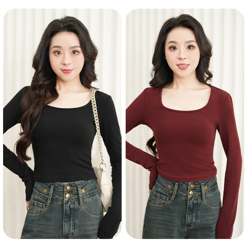 优裤缘纯色上衣圆领修身显瘦女2024年秋季新款露背镂空长袖T恤女
