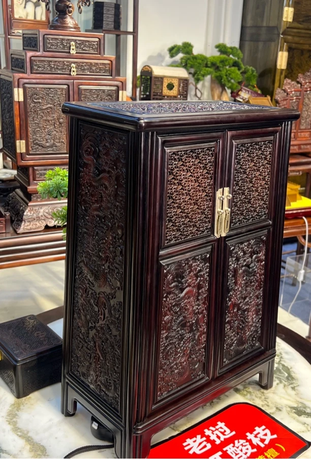 大红酸枝雕龙圆角柜收纳箱红木新中式实木茶柜
