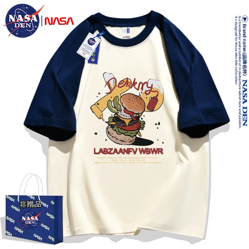 NASA联名夏季重磅纯棉短袖拼色T恤圆领日系复古插肩袖上衣情侣款