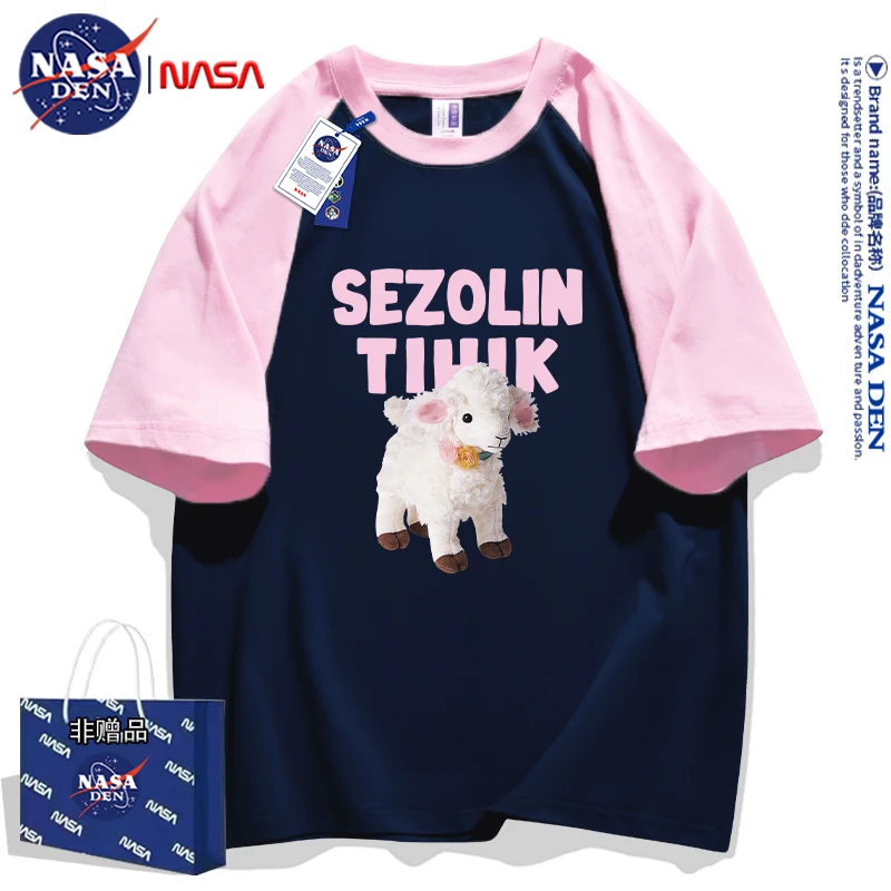 NASA联名男女款美式印花拼接插肩重磅纯棉五分袖春夏季撞色短袖