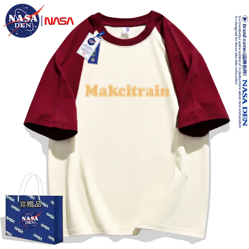 NASA联名美式印花插肩撞色拼接重磅纯棉五分袖春夏男女款宽松短袖