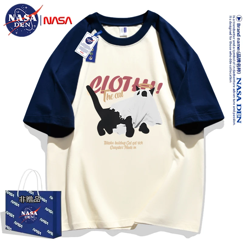 NASA联名春夏季拼接美式印花纯棉五分袖男款宽松拼接撞色插肩短袖